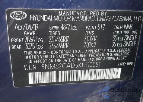 2019 Hyundai Santa Fe Se from USA, damaged, VIN 5NMS2CAD5KH110051